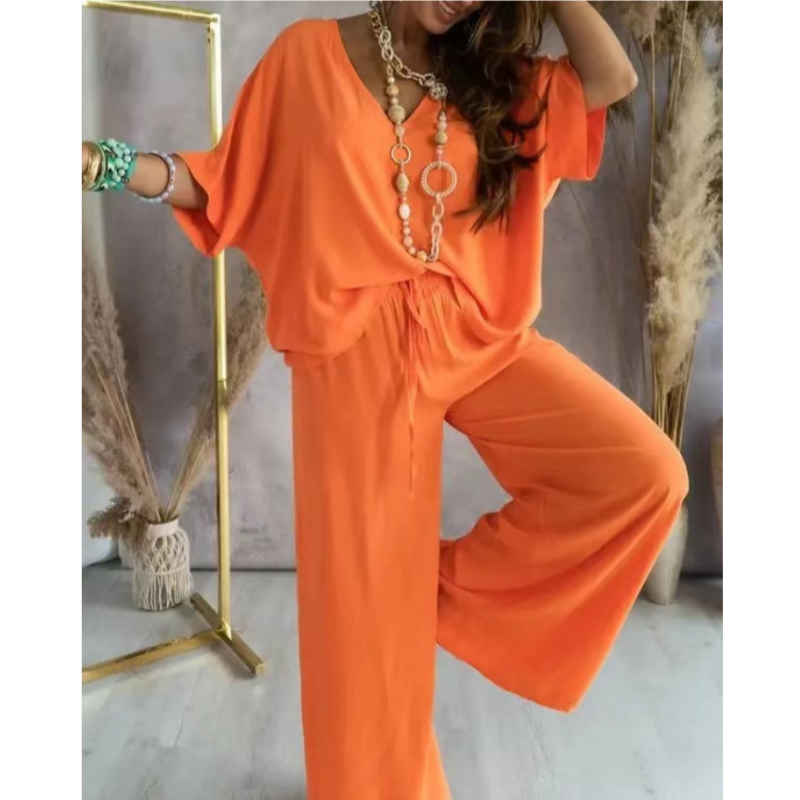 Women's loungewear set oversized V-neck top wide-leg pants soft breathable cotton blend casual comfort