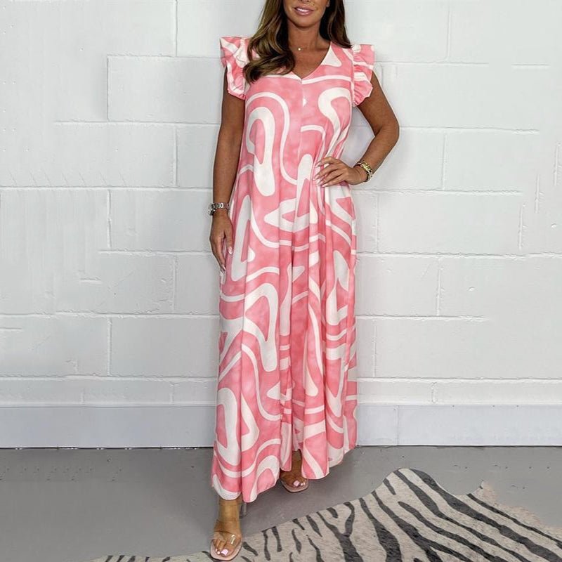 Nova | Women's Abstract Print V-Neck Ruffle Sleeve Wide Leg Jumpsuit