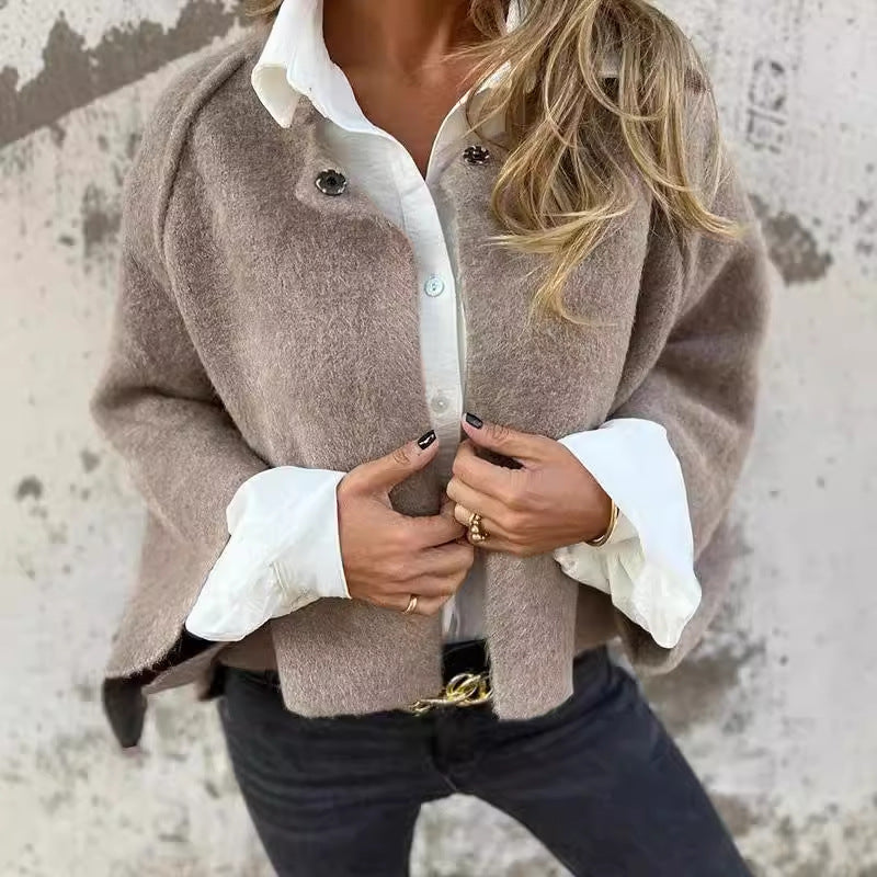 Women's short wool cardigan in neutral tones, elegant slim cut with timeless cozy style