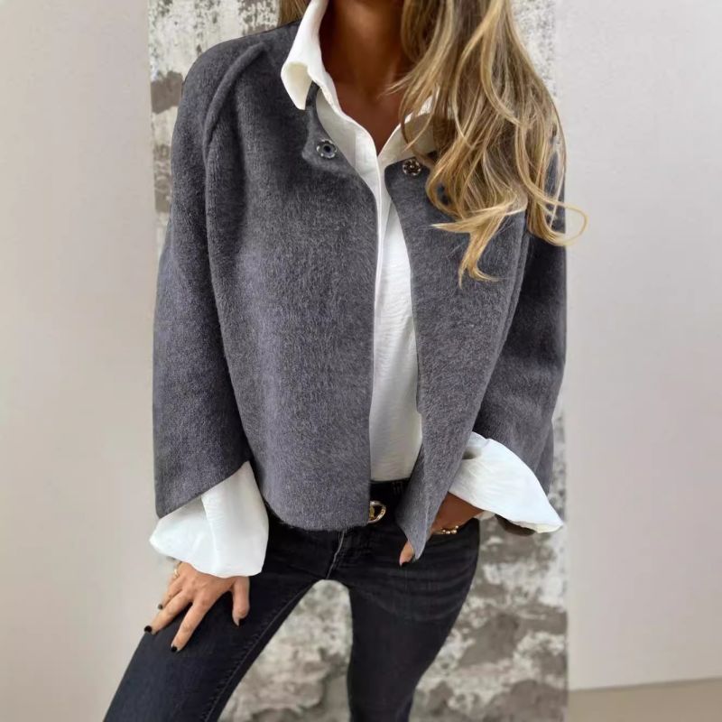 Women's short trench coat cashmere-touch polyester blend elegant silhouette in neutral tone