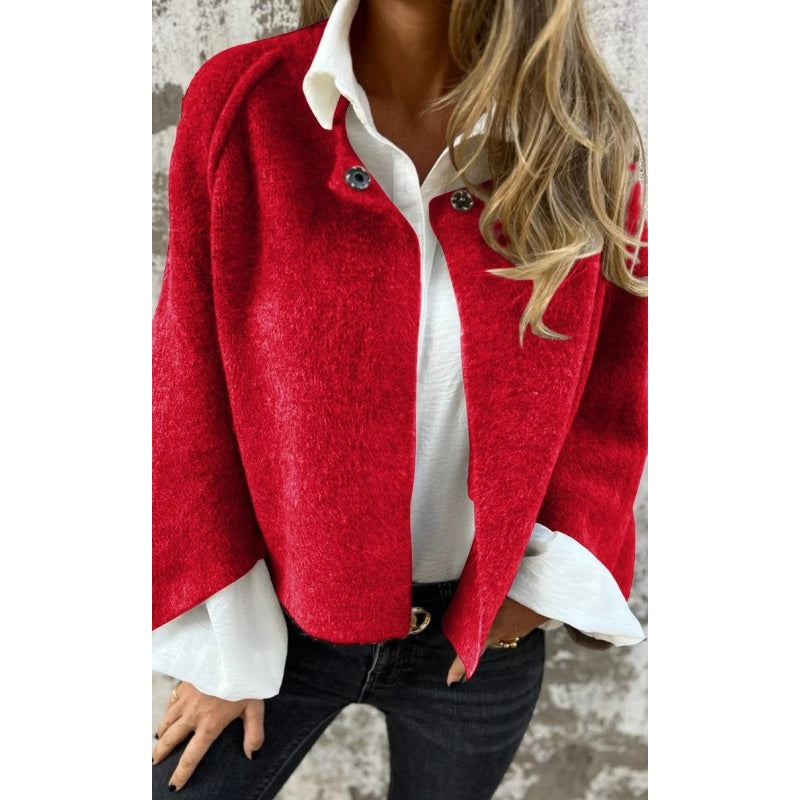 Women's short wool cardigan in neutral tone, elegant slim cut with timeless cozy style
