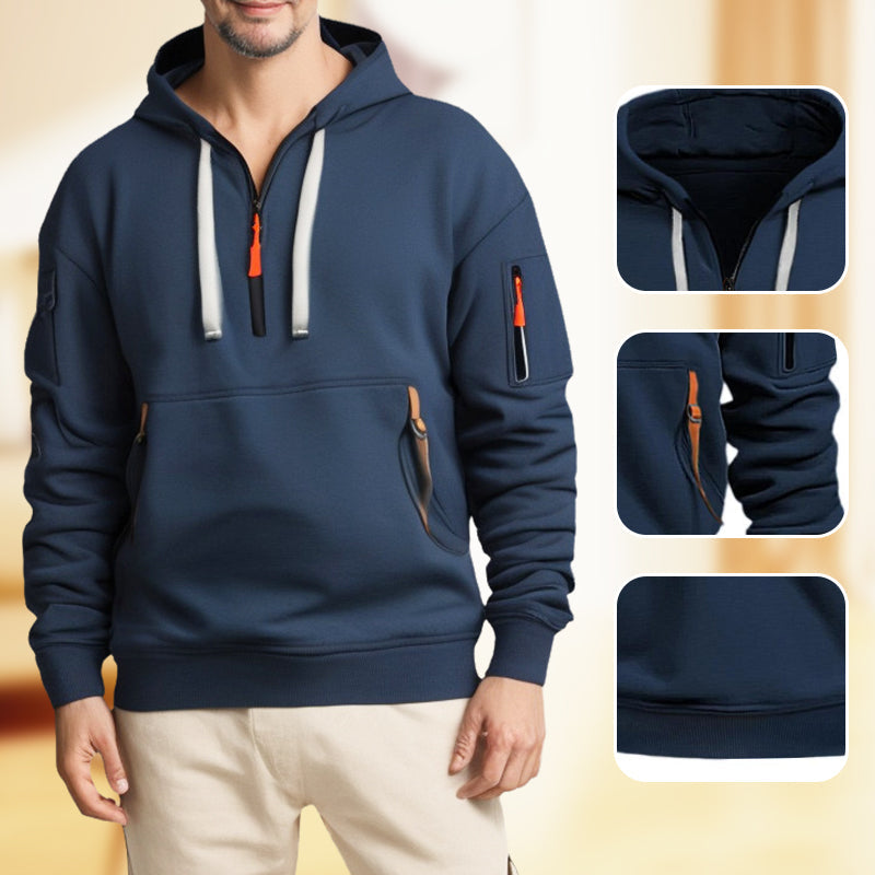 Men's gray half-zip hoodie sweatshirt minimalist design with adjustable ventilation closure