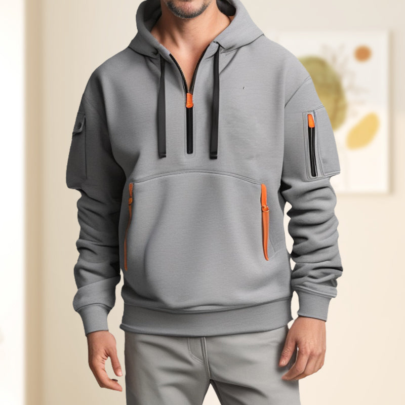 Men's gray half-zip hoodie sweatshirt minimalist design with adjustable ventilation closure