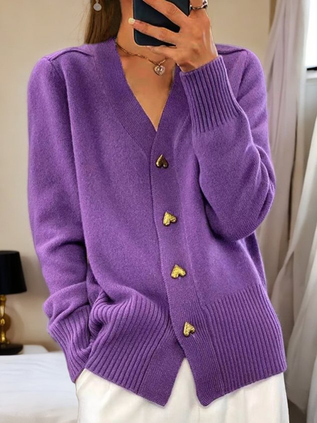 Women's soft knit cardigan relaxed fit with gold-tone heart buttons, cozy ribbed cuffs, feminine romantic style