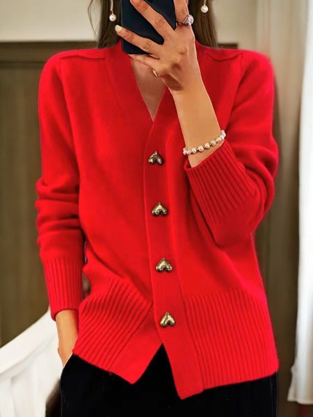 Soft knit cardigan for women with gold-tone heart buttons, ribbed cuffs, and cozy relaxed fit