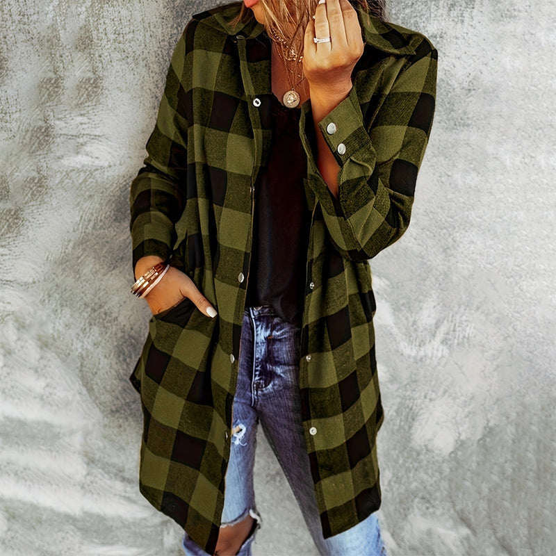 Women's black white checkered long sleeve casual jacket with front button closure