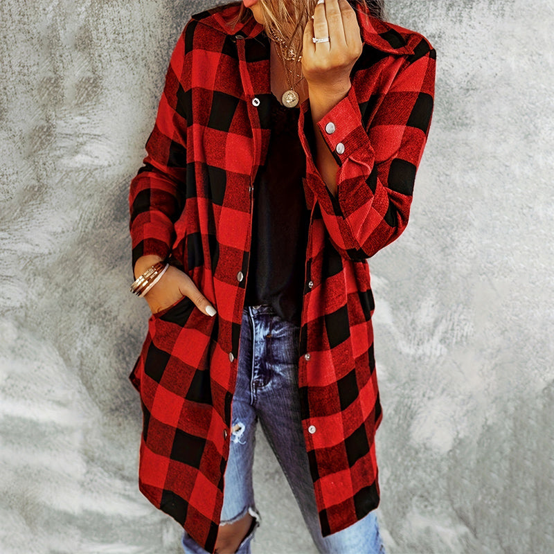 Women's checkered jacket long sleeve casual fit with classic plaid pattern and front button closure