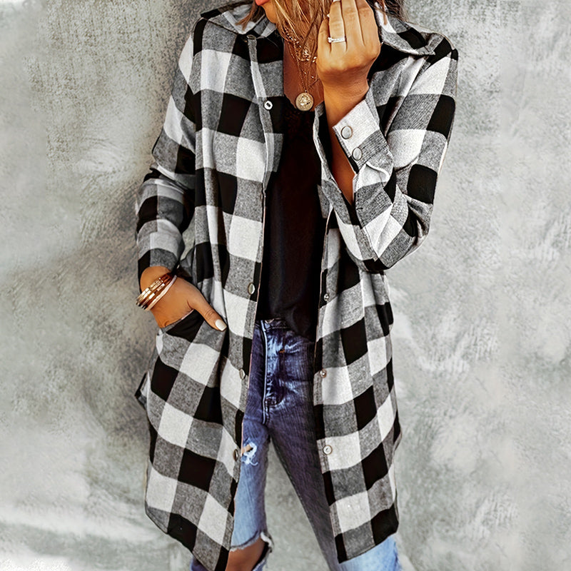 Women's checkered jacket long sleeve casual layering piece with front button closure