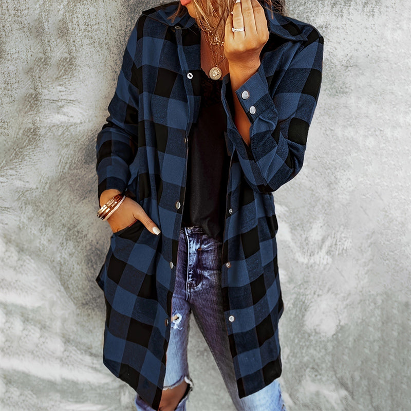 Women's checkered jacket long sleeve button closure casual layering piece versatile plaid design