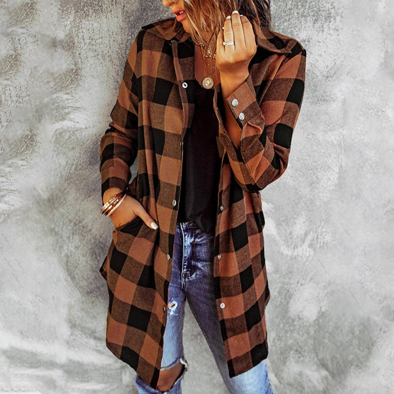 Women's checkered jacket long sleeve casual layering piece with front button closure