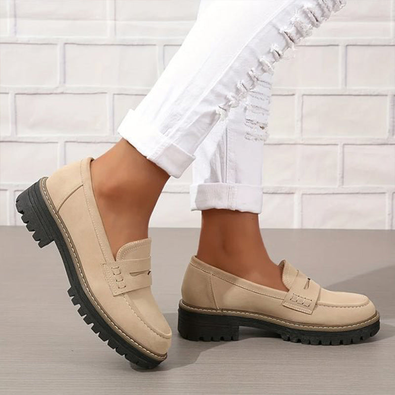 Women's chunky sole loafers with classic vamp strap, round toe, snug comfort fit for modern style