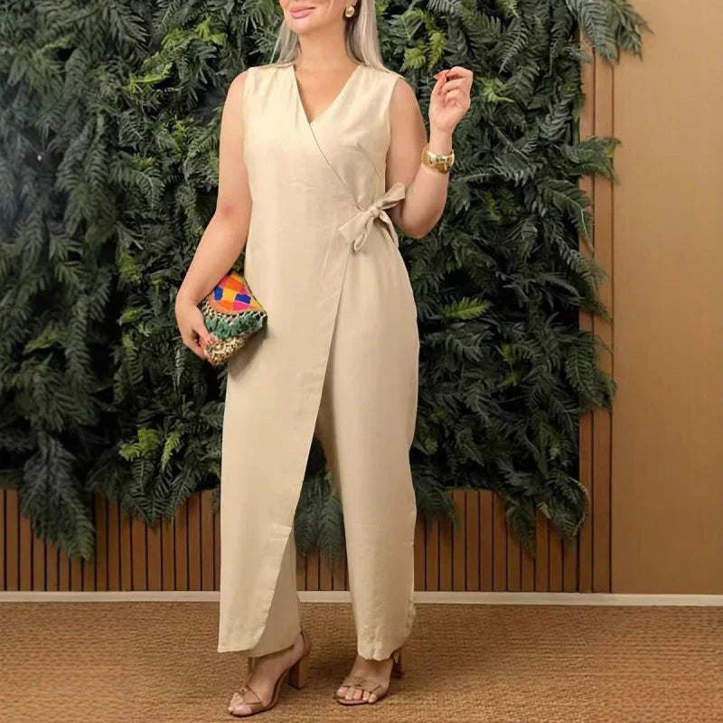 Coral | Women's Wrap V-Neck Sleeveless Wide Leg Jumpsuit Belted