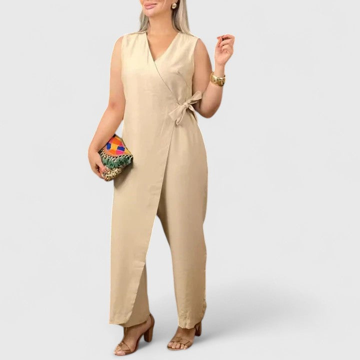 Women's wide leg wrap jumpsuit flowing silhouette structured bodice chic one-piece elegant style
