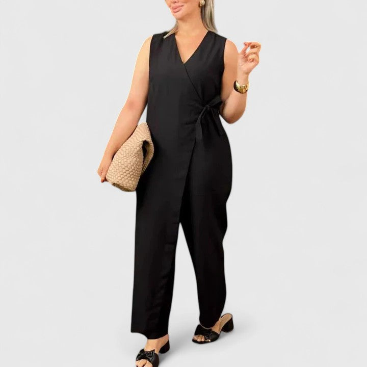 Women's wide leg wrap jumpsuit flowing silhouette structured wrap bodice chic one-piece