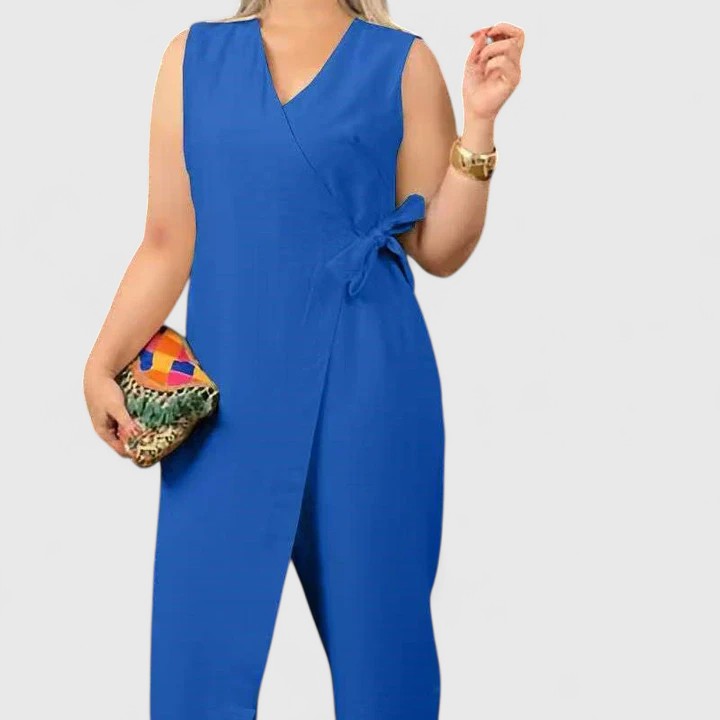 Women's wide leg wrap jumpsuit flowing silhouette structured bodice chic one-piece elegant style