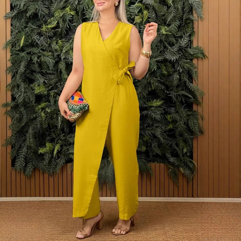 Noir | Women's Sleeveless Jumpsuit Wrap V-Neck Tie Waist Casual