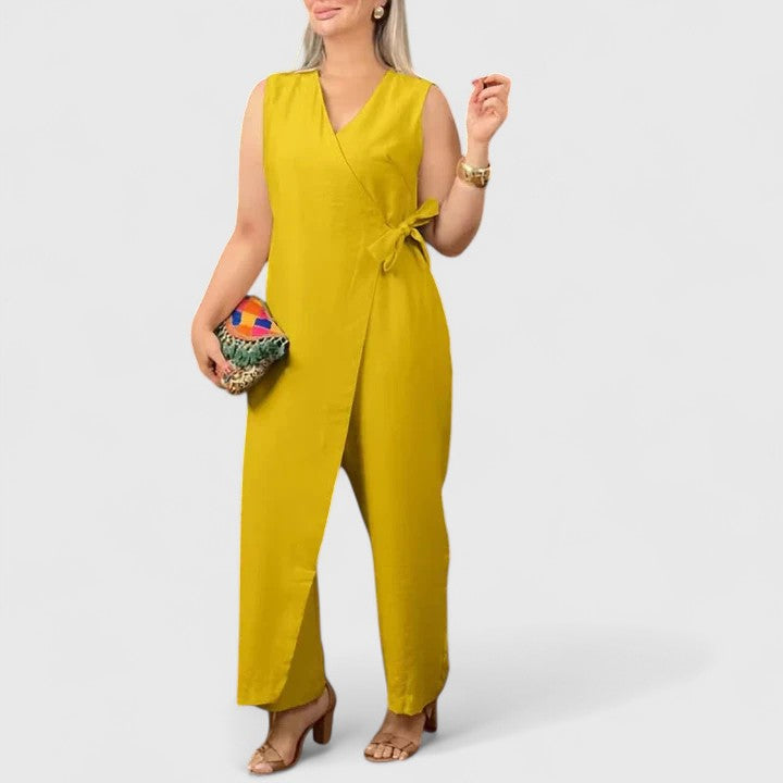 Women's wide-leg wrap jumpsuit flowing silhouette structured bodice elegant one-piece chic evening style