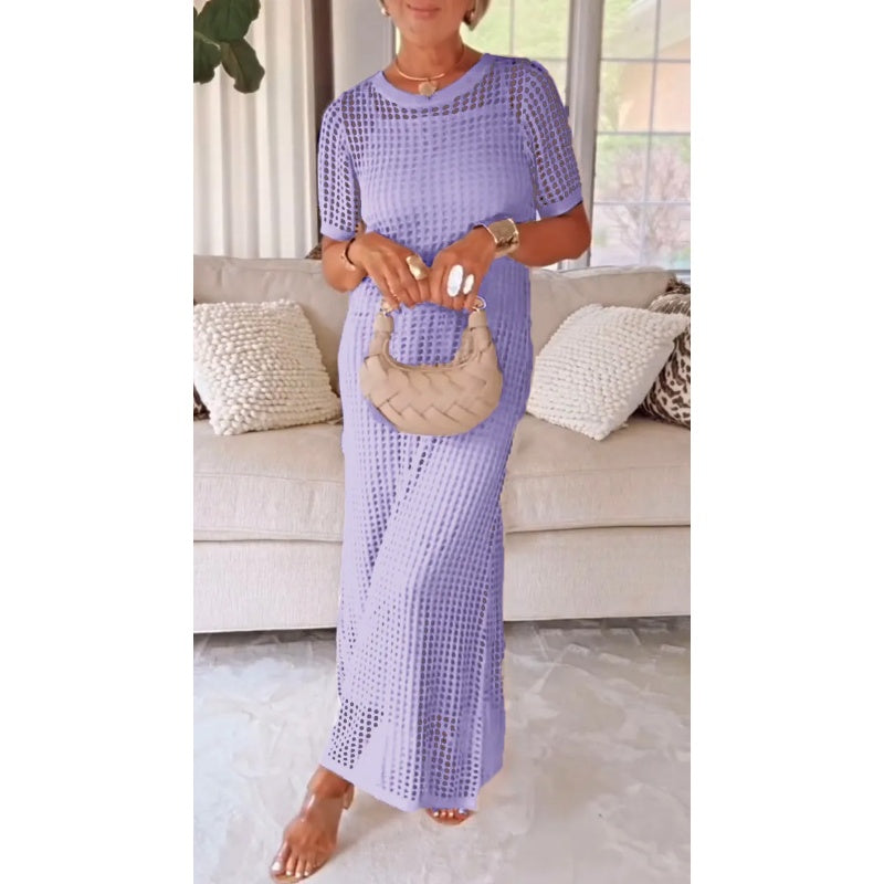 Sheer knit maxi evening gown flowing silhouette lightweight fabric women's resort dinner dress