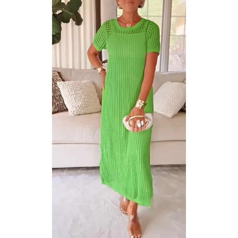 Sheer knit maxi evening gown with flowing silhouette, full-length cut and understated textured fabric