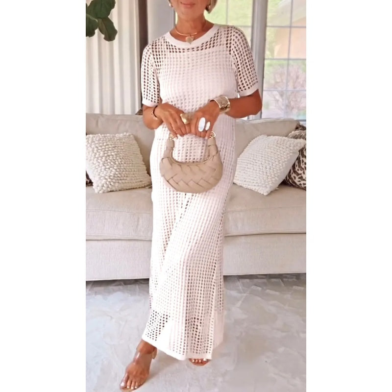 Sheer knit maxi gown women flowing silhouette elegant evening dress resort dinner style