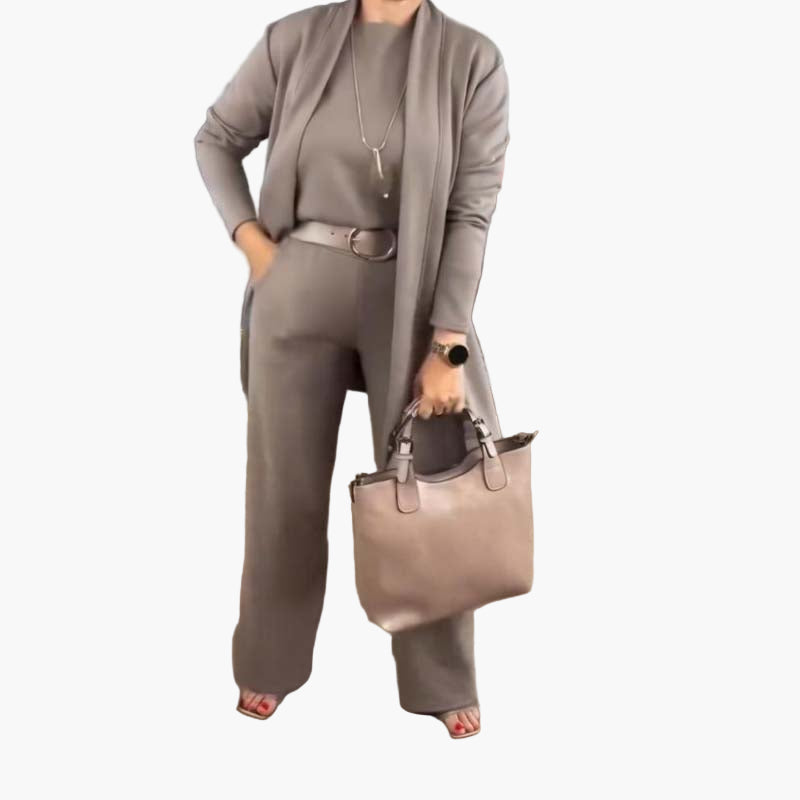 Women 3-piece business casual suit set beige blazer loose shirt wide-leg trousers office style