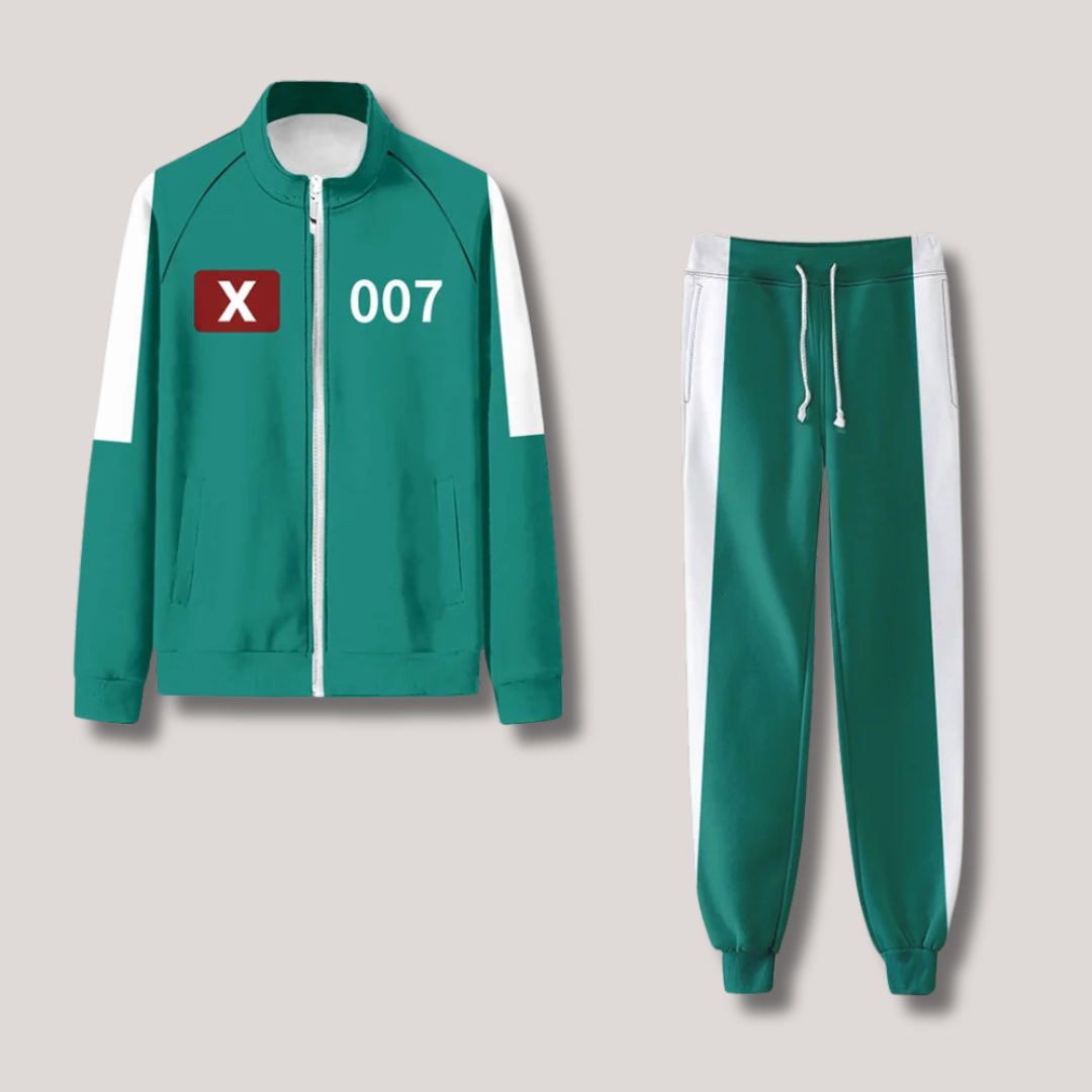 Black Squid Game-inspired tracksuit with bright green accents, numbered design, white stripes, slim fit