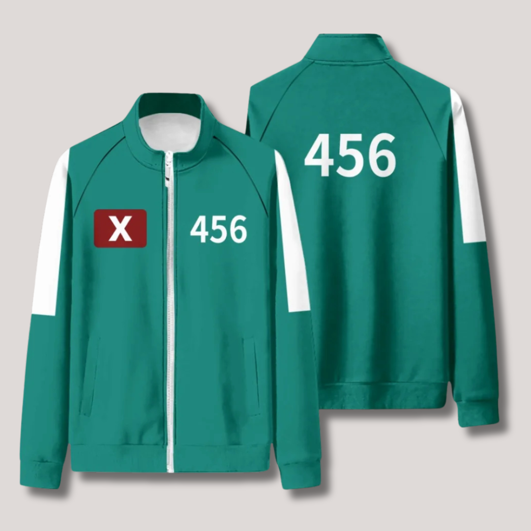 Black Squid Game-inspired tracksuit with bright green accents, white stripes, and iconic numbered cosplay design