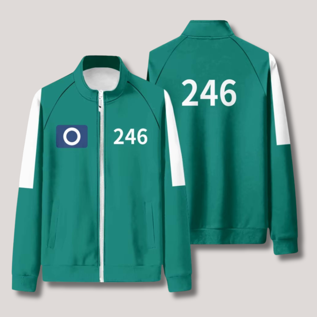 Black Squid Game-inspired tracksuit with bright green accents, numbered design, white stripes, slim fit