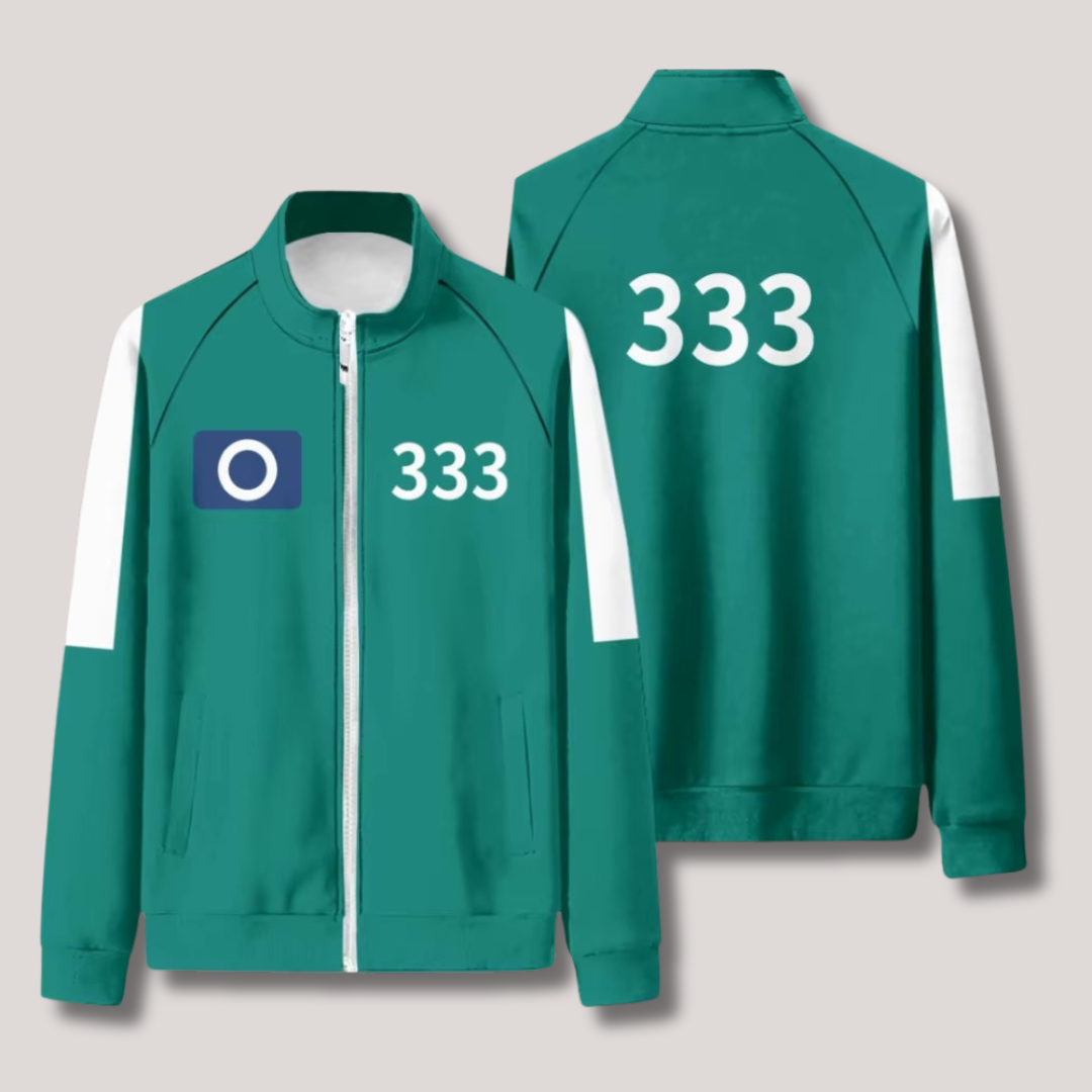 Black Squid Game-inspired tracksuit with bright green accents, numbered design, white stripes, slim fit