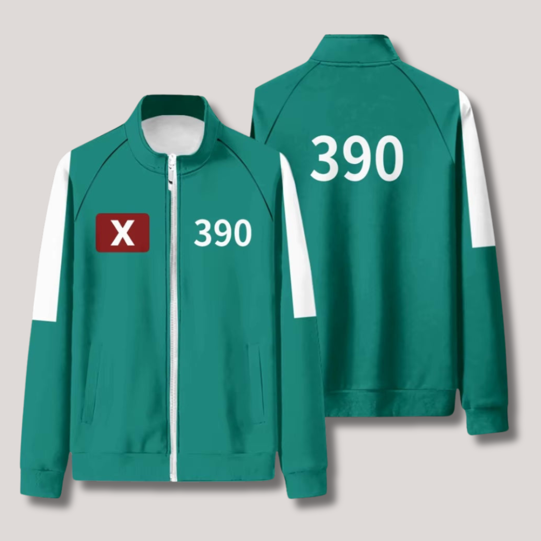Black tracksuit bright green accents white stripes Squid Game-inspired numbered cosplay athletic set