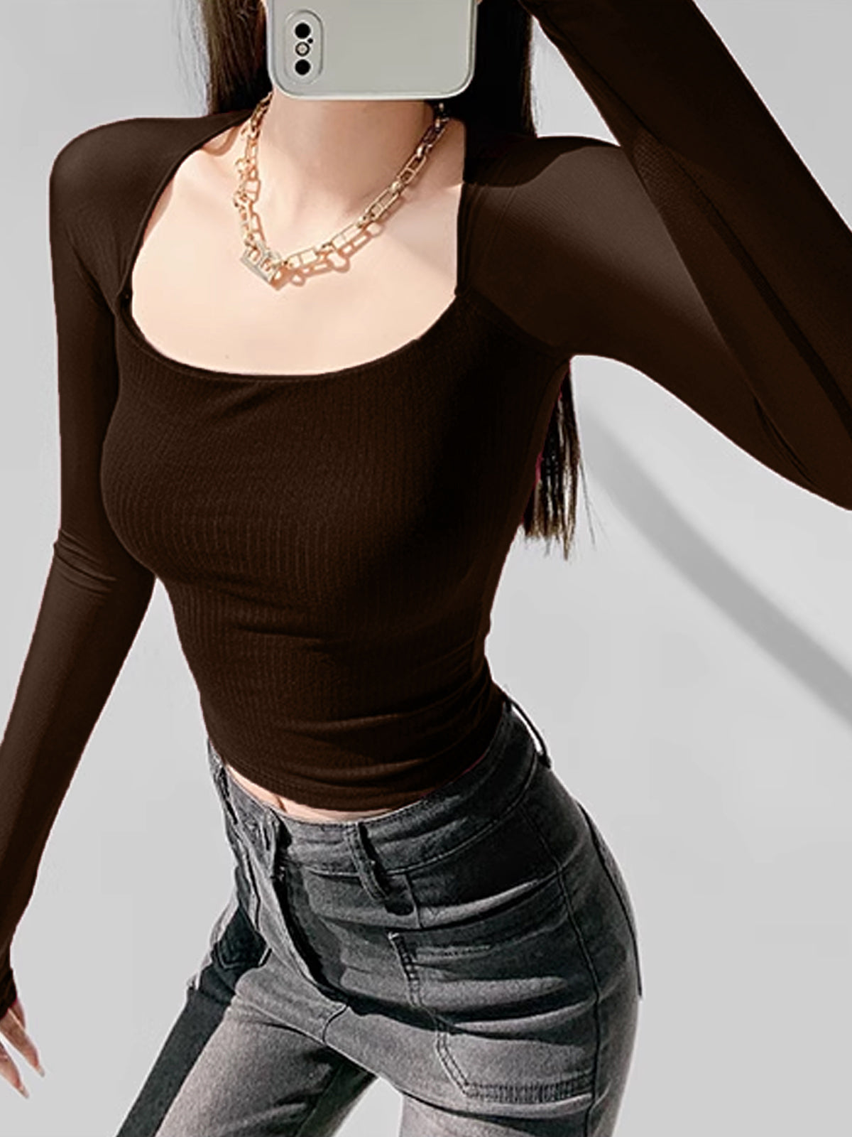 Women's sheer mesh crop top square neckline long sleeve ribbed contrast sleeves fashion style