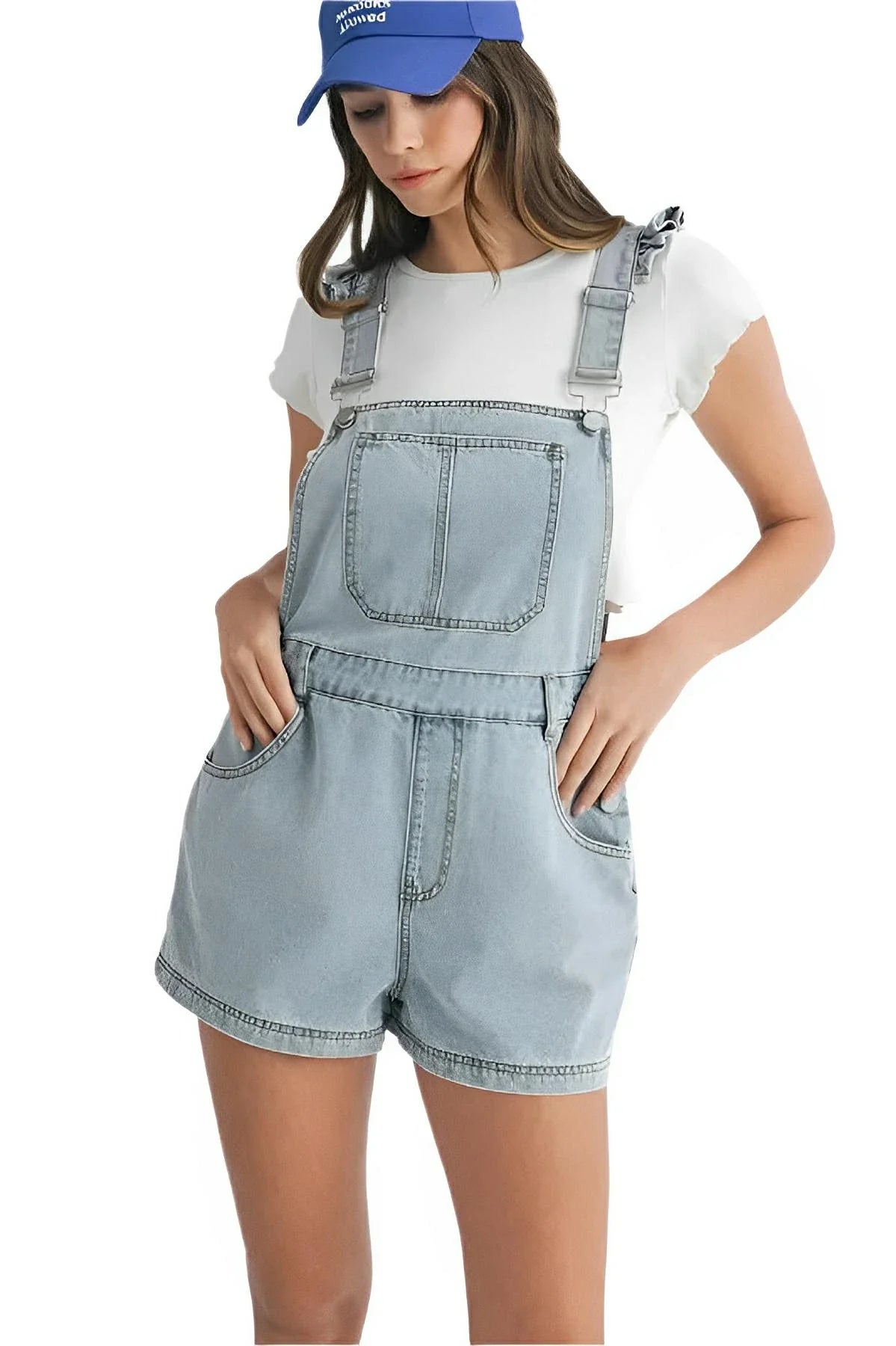 Women's blue denim romper square neck ruffle shoulders sleeveless summer overall flattering fit