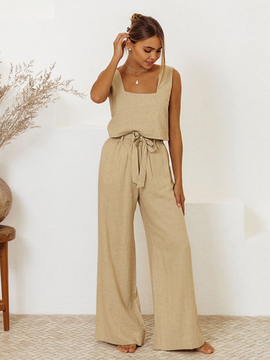 Ivory square neck sleeveless top and pants set, minimalist two-piece coordinating ensemble for women