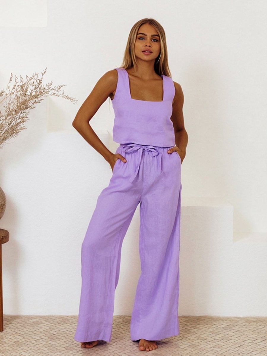 White sleeveless square neck top and pants set women elegant minimalist two-piece ensemble