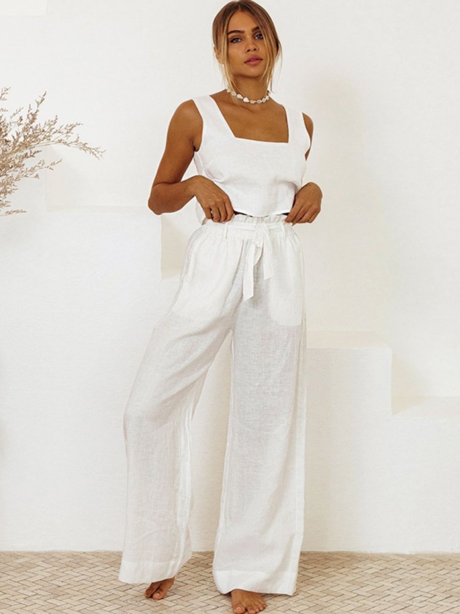 Ivory sleeveless square neck top and pants set, minimalist two-piece coordinated ensemble for women