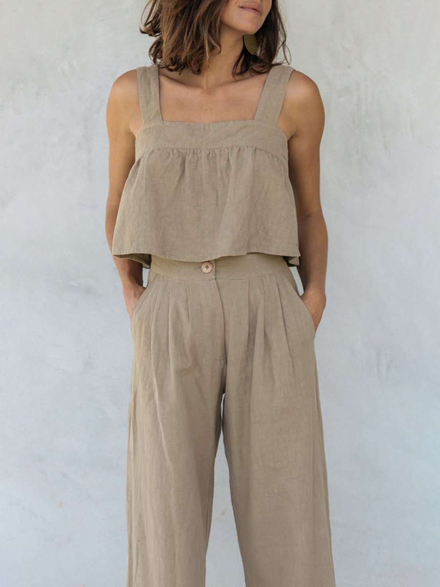 Women's square neck wide strap top and pants set casual chic 100% cotton two-piece matching outfit