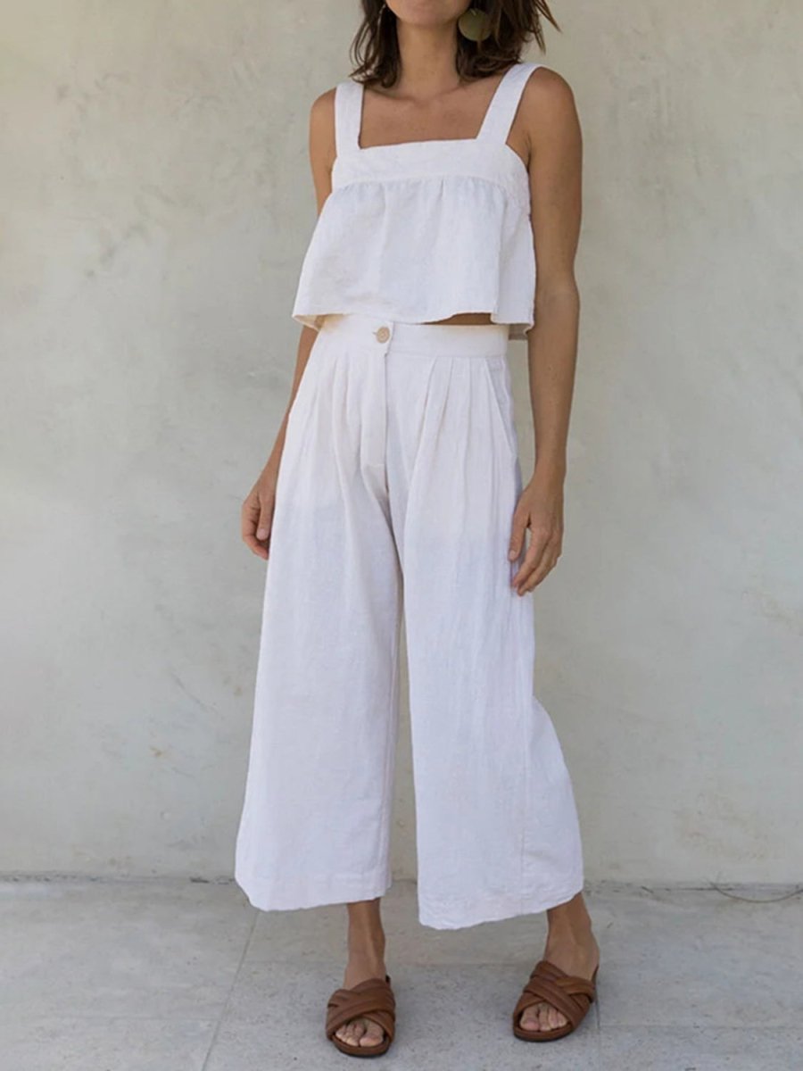 Women's square neck wide strap top and pants set, 100% cotton two-piece casual chic ensemble