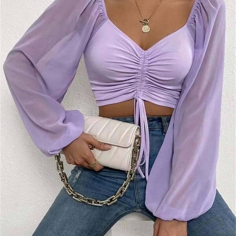 Women's cropped blouse soft cotton blend cinched ruched waist sheer sleeves flattering everyday fit