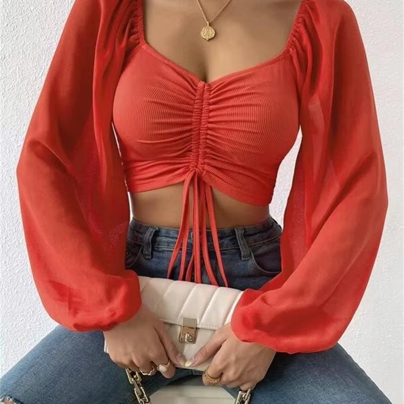 Women's crop blouse soft cotton blend cinched ruched waist sheer sleeves flattering everyday fit