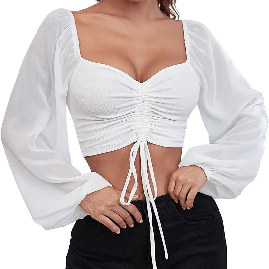 Women's crop blouse soft cotton blend cinched ruched waist sheer sleeves flattering everyday fashion