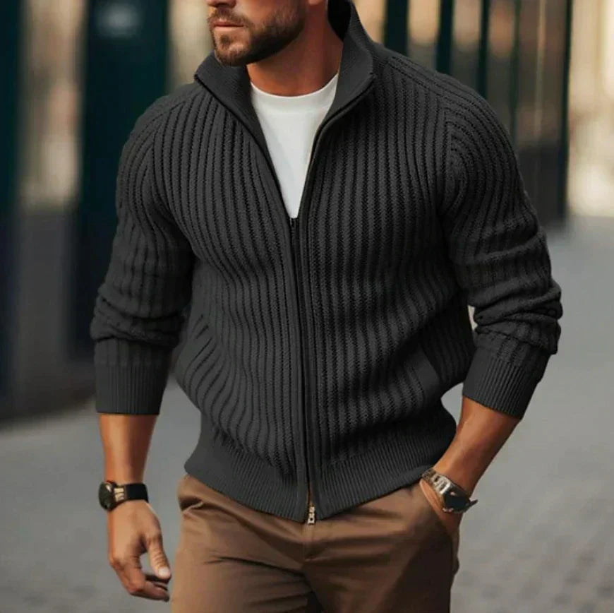 Men's thermal knit zip-up cardigan, classic cold-weather layering piece with ribbed texture