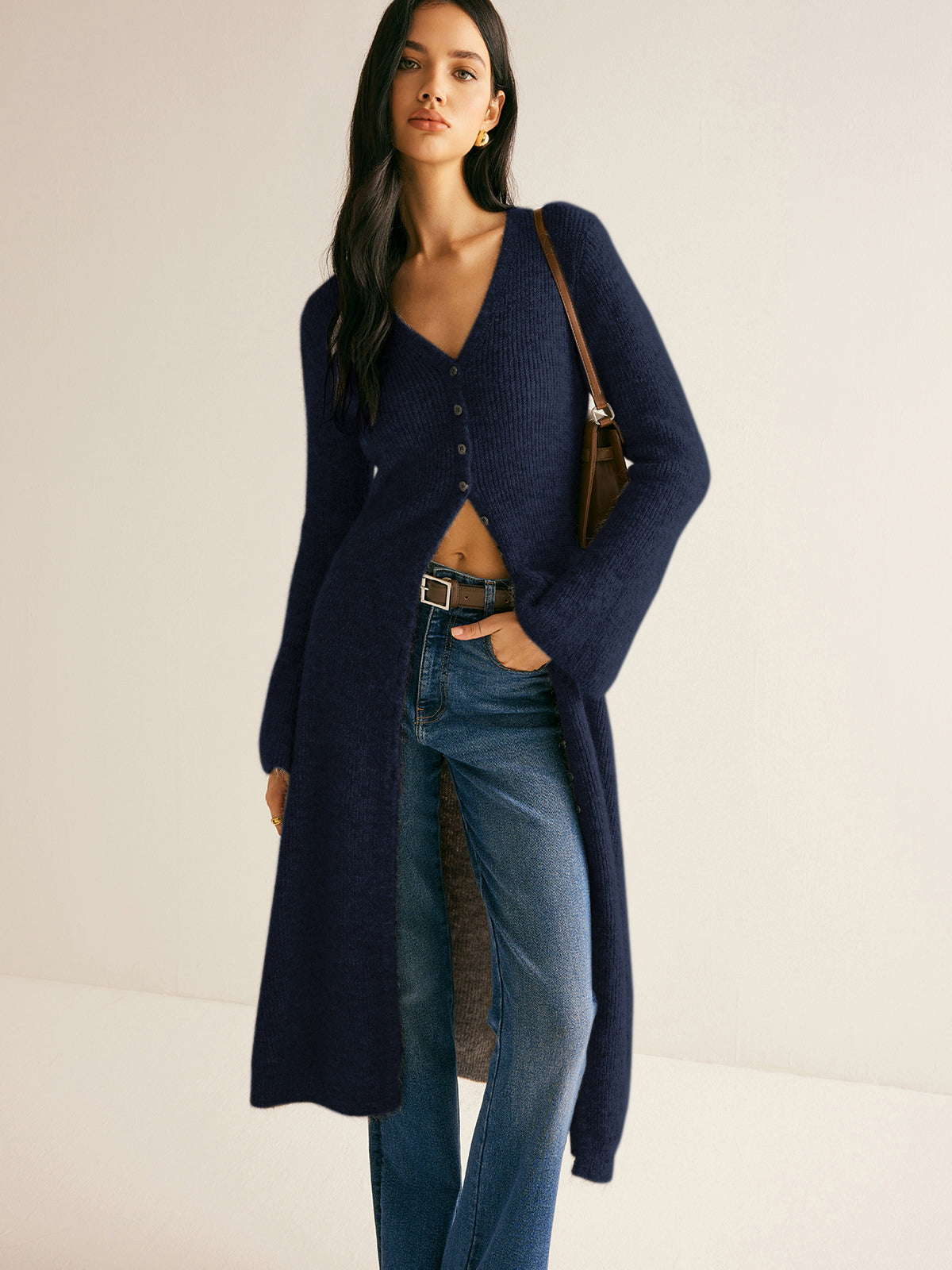 Women's midi knit sweater dress, V-neck split breasted style in versatile neutral tones, relaxed shift silhouette
