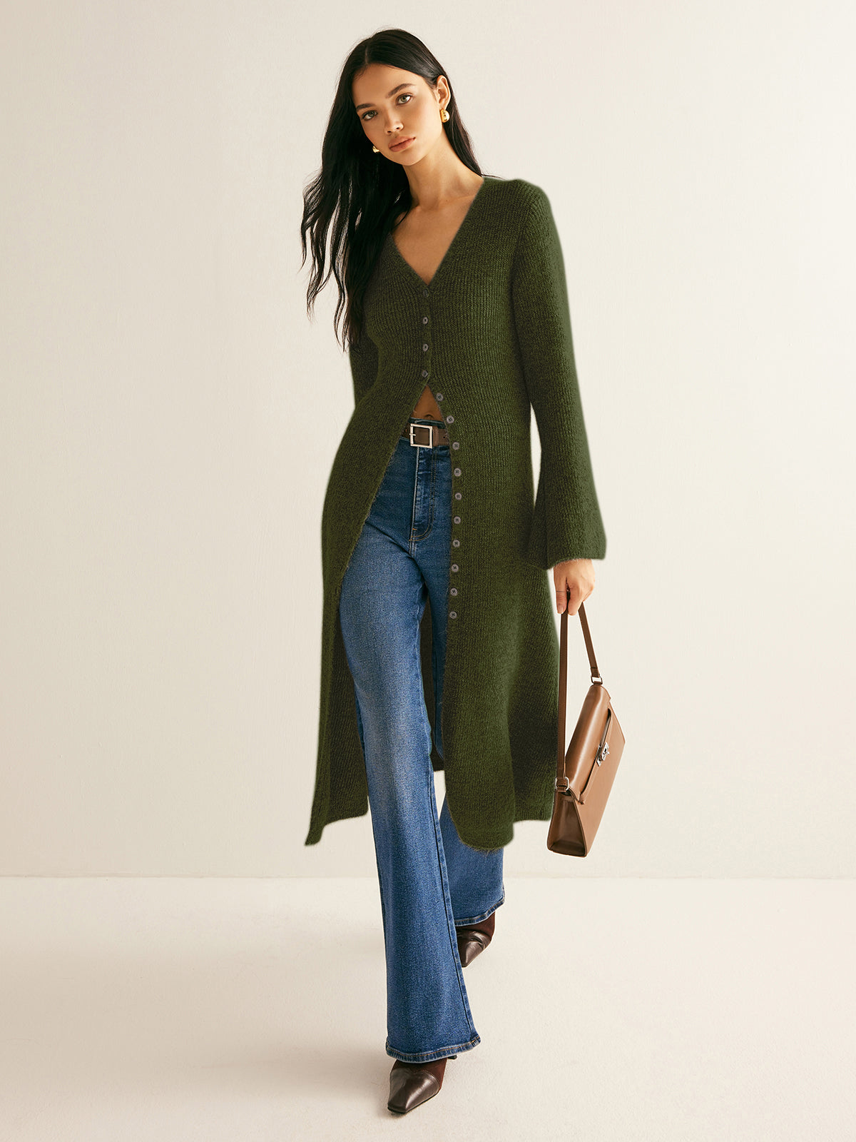 Women's midi knit sweater dress, V-neck split breasted style in versatile stretch fabric