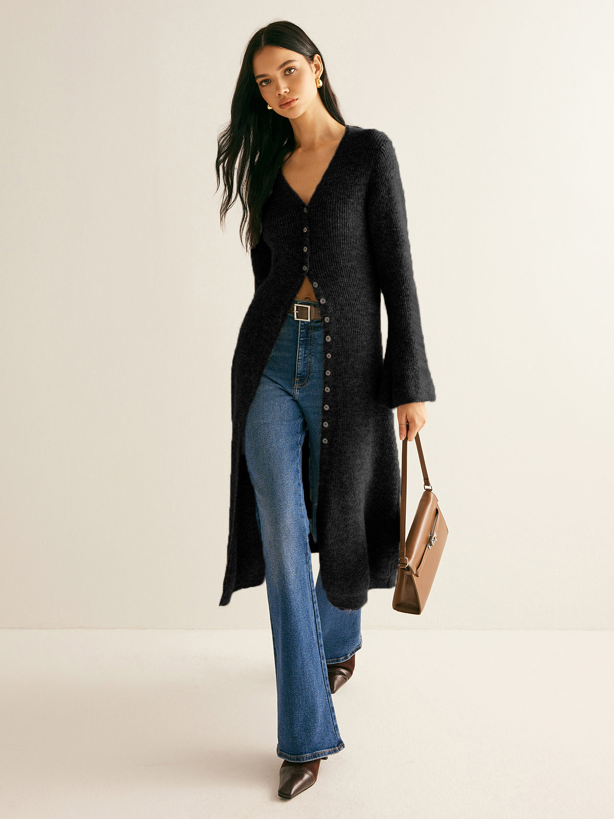 Women's midi knit sweater dress, V-neck split breasted style in neutral tones, relaxed shift silhouette