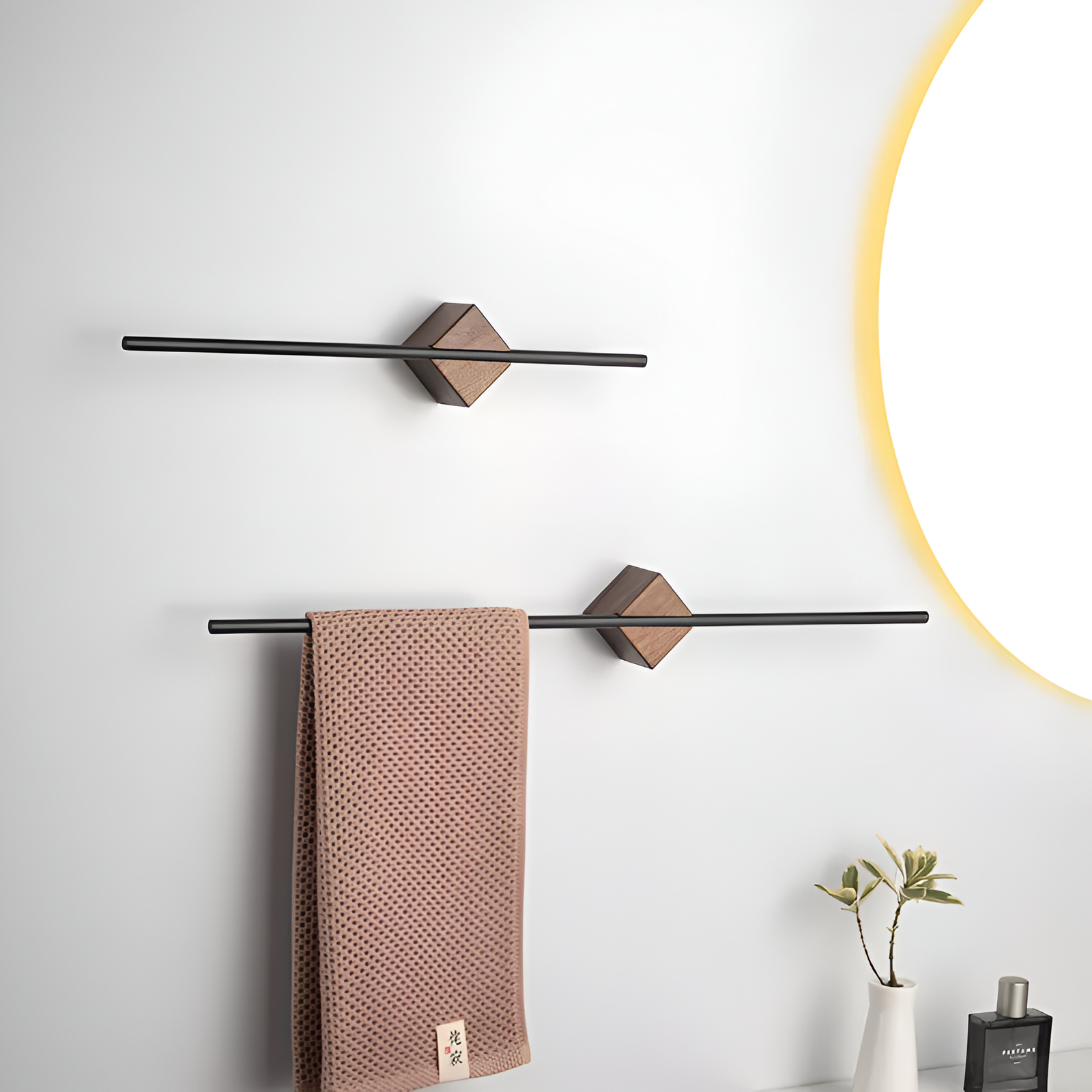 Wall-mounted towel rack natural wood accent metal hardware modern bathroom space-saving organizer