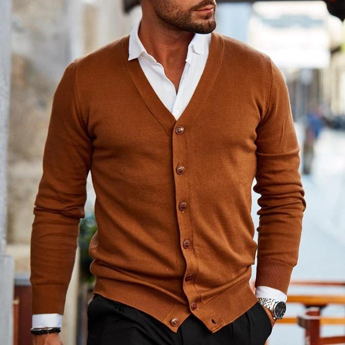 Men's slim fit button cardigan long sleeve V-neck knit layer in classic neutral tone