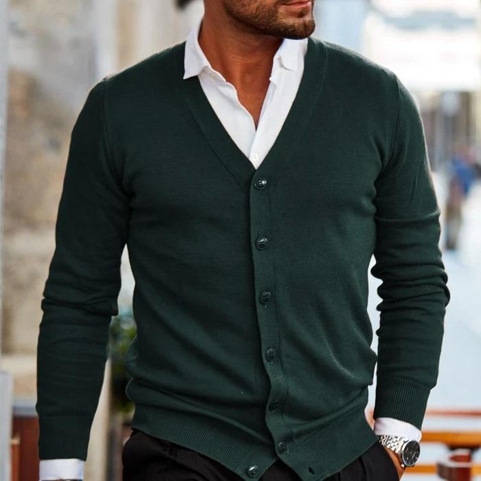 Men's slim fit V-neck button cardigan long sleeve knit layer in classic versatile style