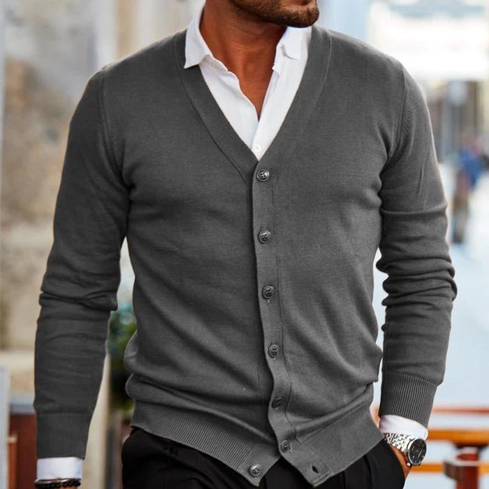 Men's slim fit V-neck button cardigan long sleeve knit layer in classic neutral tone