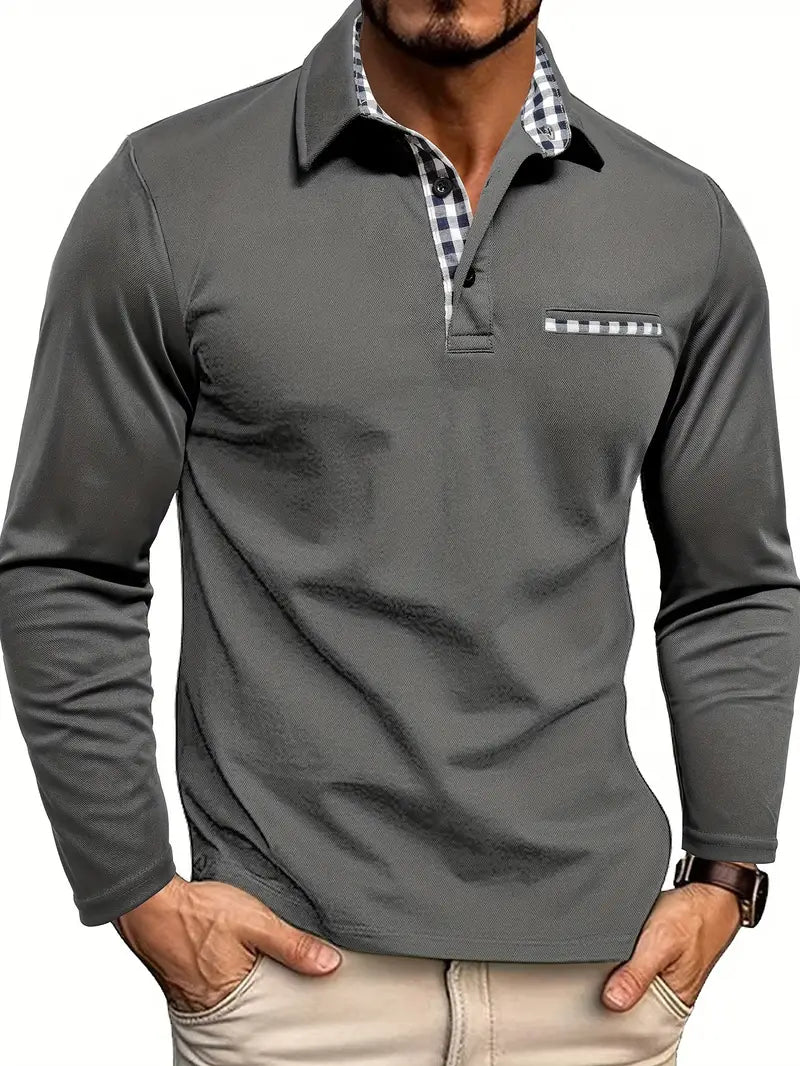 Men's long sleeve polo shirt straight cut checkered collar chest pocket casual smart style