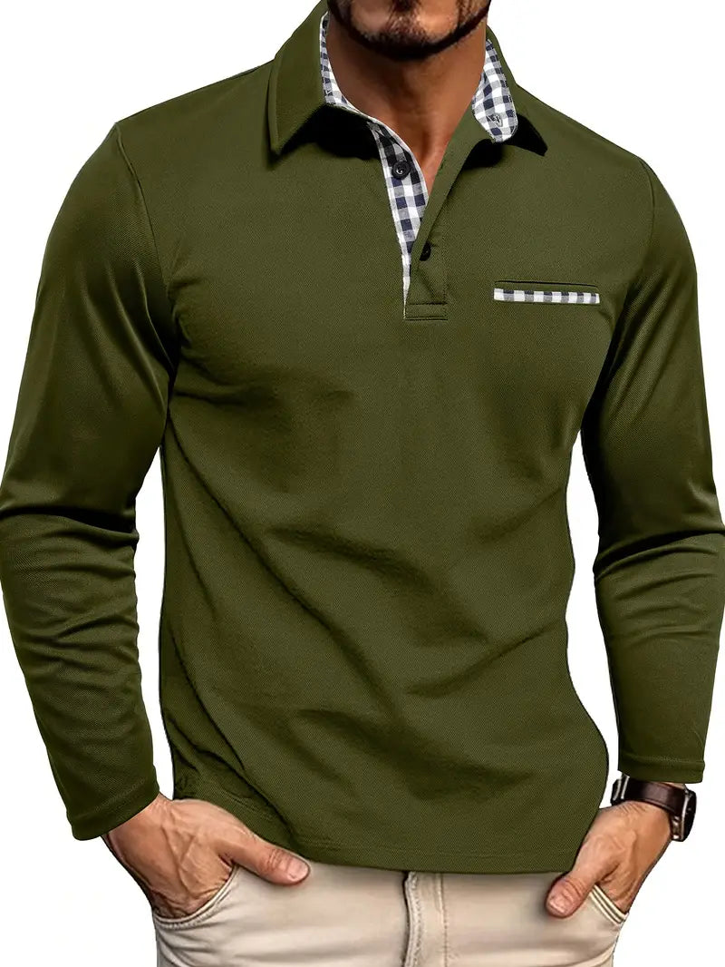 Men's long sleeve polo shirt straight cut checkered collar chest pocket casual smart style
